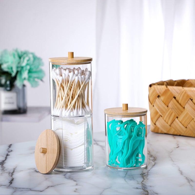 MKLZ 3 Pcs Qtip Holder and Cotton Round Pad Dispenser with Bamboo Lid  Small Clear Acrylic Containers for Cotton Swab/ball  Apothecary Jars Set for Bathroom/Restroom/Vanity/Makeup Storage Organizer - Image 5
